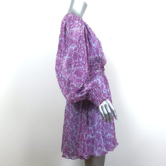 AMUR Twist-Front Dress Purple/Blue Printed Silk Chiffon Size 6 Long Sleeve Mini - Picture 4 of 8